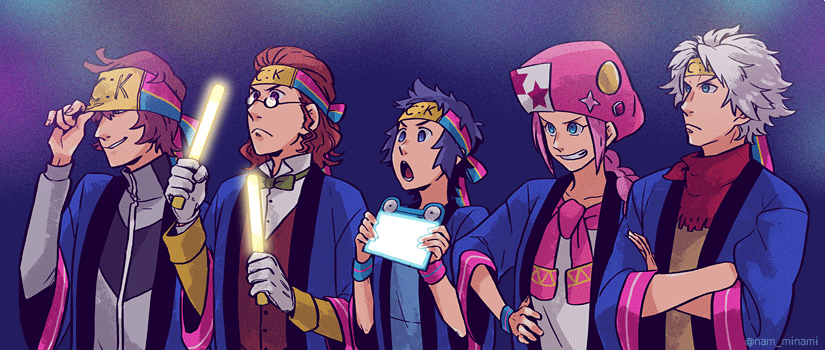 &gt;:&lt; 10s 5boys :&lt; blue_eyes blue_hair bow bowtie brown_hair classicaloid closed_mouth crossed_arms dramatica franz_schubert_(classicaloid) frederic_chopin_(classicaloid) glasses glowstick hands_on_own_hips happi headband jacket jacket_on_shoulders japanese_clothes kagura_sousuke lineup ludwig_van_beethoven_(classicaloid) male_focus multiple_boys orange_hair pad-kun_(classicaloid) penlight_(glowstick) scarf silver_hair smile tied_jacket tied_sleeves track_jacket twitter_username v-shaped_eyebrows vest waistcoat wolfgang_amadeus_mozart_(classicaloid) yellow_jacket