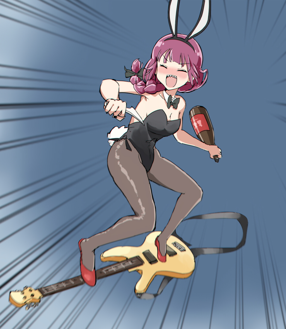 :d animal_ear_hairband animal_ears balancing bare_shoulders bass_guitar black_bow black_bowtie black_hairband black_leotard black_ribbon blush bocchi_the_rock! bottle bow bowtie braid breasts cleavage closed_eyes cosplay dagger daicon daicon_bunny_girl daicon_bunny_girl_(cosplay) detached_collar drunk electric_guitar fake_animal_ears fake_tail flying guitar guitar_strap guitar_surfing hair_bow hair_over_shoulder hair_ribbon hairband high_heels highleg highleg_leotard hiroi_kikuri holding holding_bottle holding_dagger holding_knife holding_weapon instrument knife leotard long_hair nose_blush notice_lines open_mouth parody playboy_bunny rabbit_ear_hairband rabbit_ears rabbit_tail red_footwear red_hair ribbon sake_bottle sharp_teeth single_braid small_breasts smile strapless strapless_leotard surfing tail teeth torako_(toramaru) v-shaped_eyebrows weapon yamaha_trb