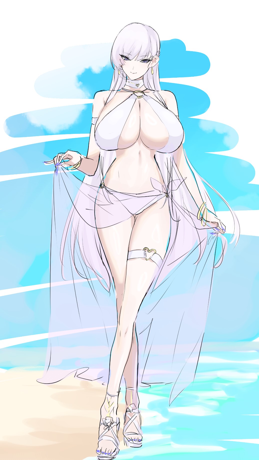 1girl azur_lane beach belfast_(azur_lane) bikini bracelet breasts choker earrings eyebrows_hidden_by_hair full_body heart_ring_strap highres jewelry large_breasts long_hair long_legs mogi_yasunobu navel o-ring o-ring_bikini o-ring_top outdoors purple_eyes sand sandals sarong see-through_clothes see-through_sarong solo stomach swept_bangs swimsuit thick_thighs thighs water white_bikini white_choker white_hair white_sarong