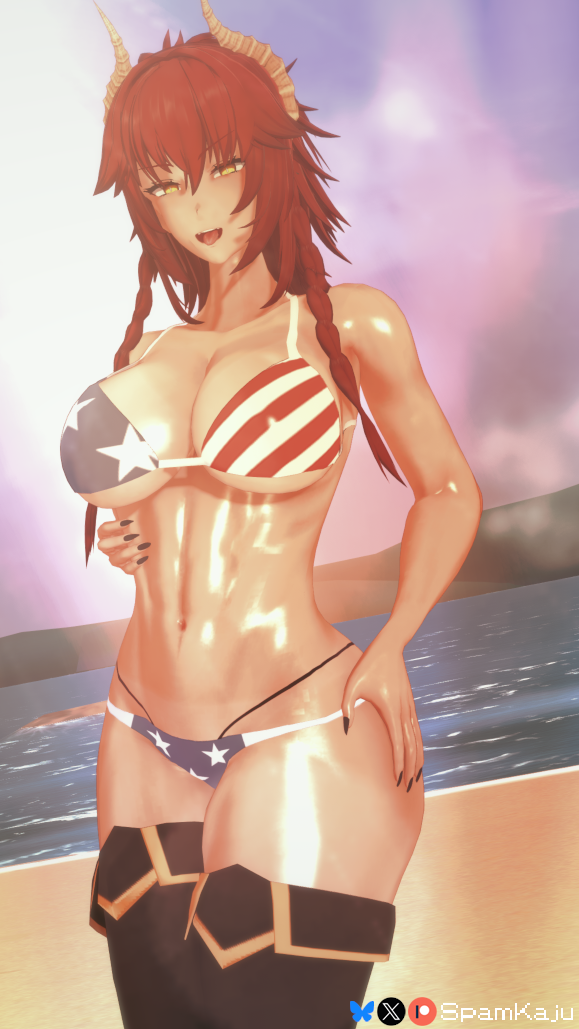 1girl 3d american_flag american_flag_bikini american_flag_print ass beach bikini boots braid breast_focus breasts cleavage curvy dragon_girl dragon_horns female_focus flag_print grabbing_own_breast hip_focus horns hot koikatsu_(medium) large_breasts looking_at_viewer medium_hair muscular muscular_female ocean oiled outdoors print_bikini red_hair roned shiny_skin smile solo spamkaju spiked_hair sweat swimsuit tan tanline thick_thighs thigh_boots thighhighs thighs thong_bikini tongue tongue_out twin_braids twintails virtual_youtuber vshojo wide_hips yellow_eyes zentreya zentreya_(dragon)