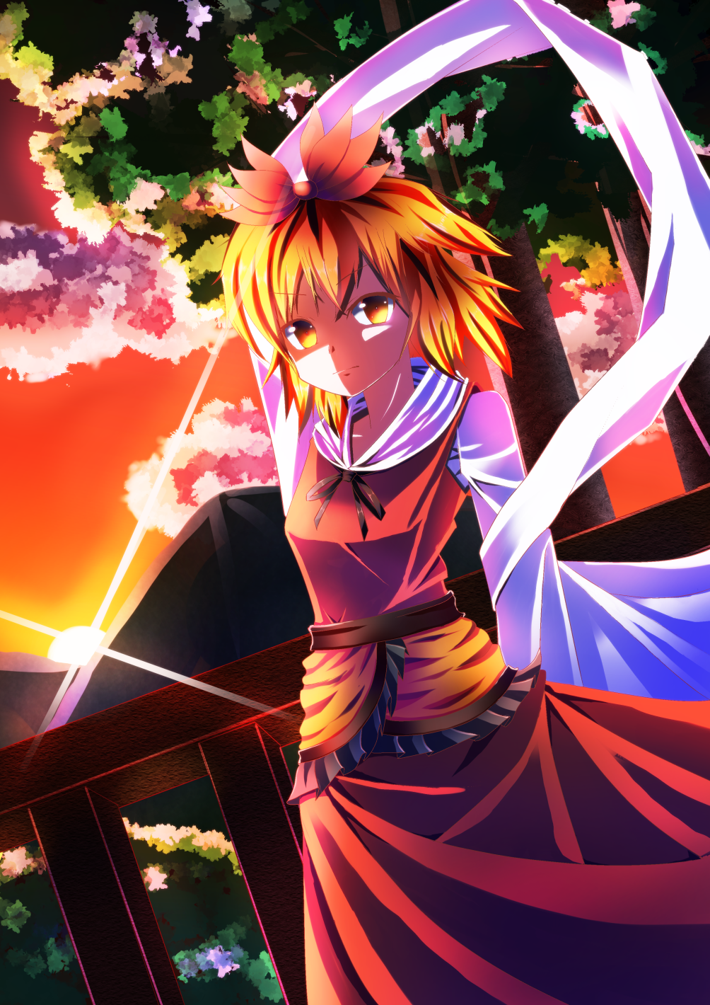 1girl animal_print arms_behind_back dress dutch_angle expressionless female_focus hagoromo hair_ornament highres layered_dress leaf lens_flare looking_at_viewer mountain multicolored_hair orange_sky peisuto railing shawl short_hair sky solo sunset tiger_print toramaru_shou touhou tree two-tone_hair yellow_eyes