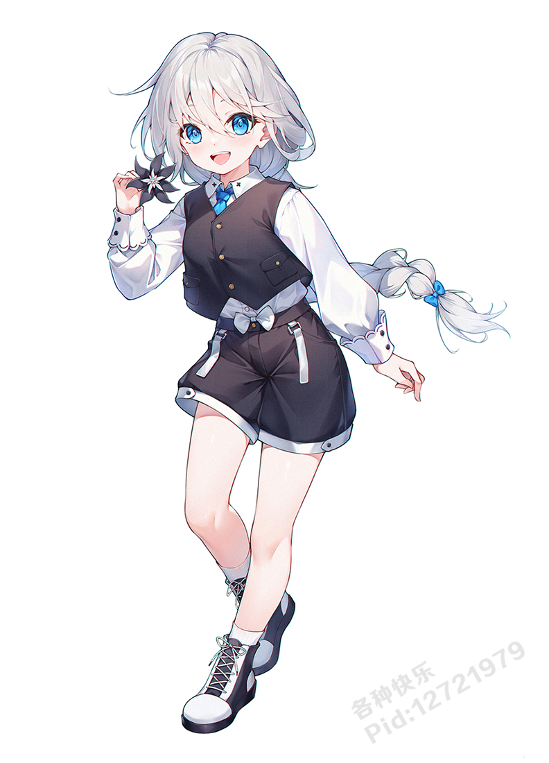1girl aged_down apc556_(girls&#039;_frontline) black_shorts black_vest blue_bow blue_eyes blue_necktie bow collared_shirt commission flower ge_zhong_kuaile girls&#039;_frontline hair_between_eyes hair_bow holding holding_flower long_hair long_sleeves looking_at_viewer multicolored_shoes necktie open_mouth pixiv_commission pixiv_id pixiv_username shirt shoes shorts simple_background smile socks solo standing vest white_background white_bow white_hair white_shirt