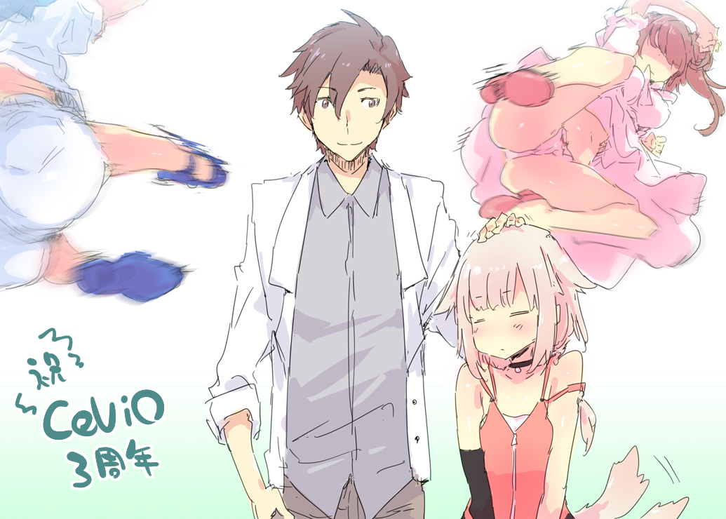 1boy 3girls =_= anniversary arm_up ass blazer blonde_hair blue_footwear blush breasts brown_eyes brown_hair brown_pants cameltoe camisole cevio closed_mouth clueless collar collared_shirt commentary_request copyright_name dress elbow_gloves flying_kick gloves gradient_background green_background grey_shirt hair_flaps hand_up headpat high_heels jacket kicking large_breasts looking_at_another low_ponytail midair motion_blur motion_lines multiple_girls one_(cevio) open_clothes open_jacket orange_camisole panties pants pantyshot petenshi_(dr._vermilion) pink_dress pink_panties pink_shoes ponytail puffy_short_sleeves puffy_sleeves satou_sasara shaded_face shirt shoes short_shorts short_sleeves shorts side_ponytail single_elbow_glove sleeves_rolled_up smile spaghetti_strap stomach suzuki_tsudumi tail tail_wagging takahashi_amato underwear upskirt v_arms white_background white_jacket white_shirt white_shorts