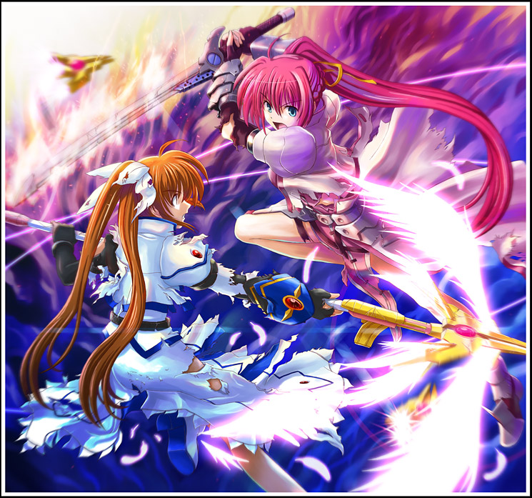 00s action armor battle feathers laevatein_(nanoha) long_hair lyrical_nanoha mahou_shoujo_lyrical_nanoha mahou_shoujo_lyrical_nanoha_a&#039;s mahou_shoujo_lyrical_nanoha_strikers ponytail raising_heart raising_heart_(blaster_bit) raising_heart_(exceed_mode) signum sword takamachi_nanoha takamachi_nanoha_(exceed_mode) torn_clothes twintails very_long_hair weapon whip_sword yone