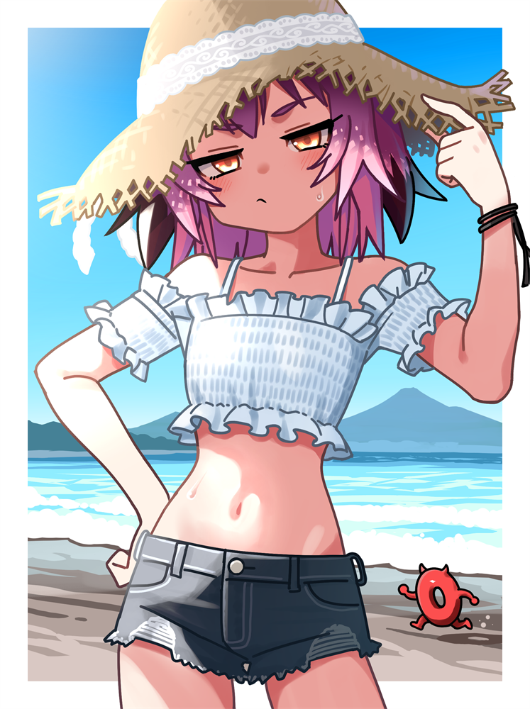 1girl abyssal_ship beach blush closed_mouth collarbone cowboy_shot day enemy_lifebuoy_(kancolle) grey_shorts hat kantai_collection kunashiri_(kancolle) looking_at_viewer mizoki_kei navel ocean outdoors pink_hair shirt short_hair short_sleeves shorts straw_hat two_side_up white_shirt yellow_eyes