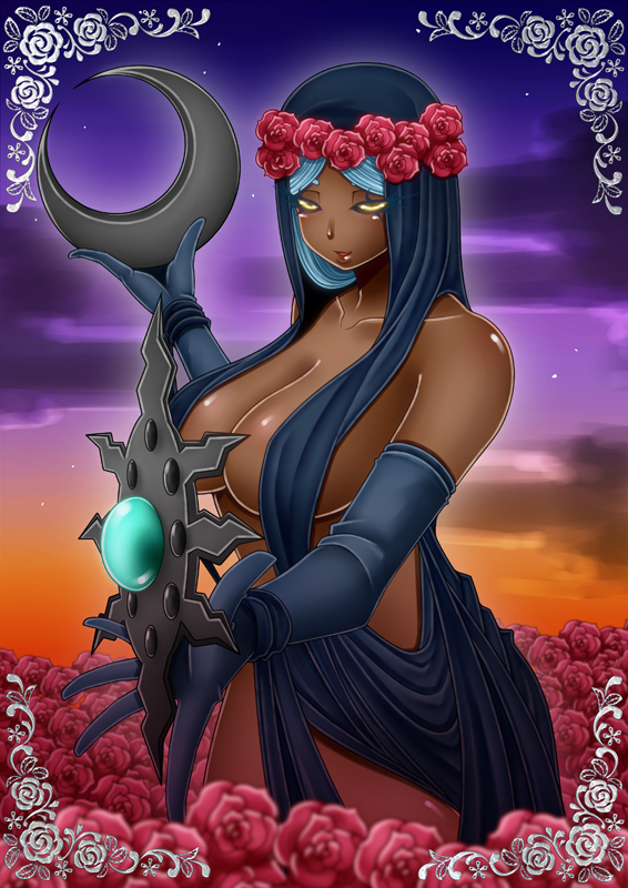 1girl azura breasts crescent dark-skinned_female dark_skin elbow_gloves female_focus flower gloves huge_breasts large_breasts no_bra outstretched_hand ranchuu ranchuu_(akamusume) red_flower red_rose rose smile solo the_elder_scrolls the_elder_scrolls_v:_skyrim weapon yellow_eyes