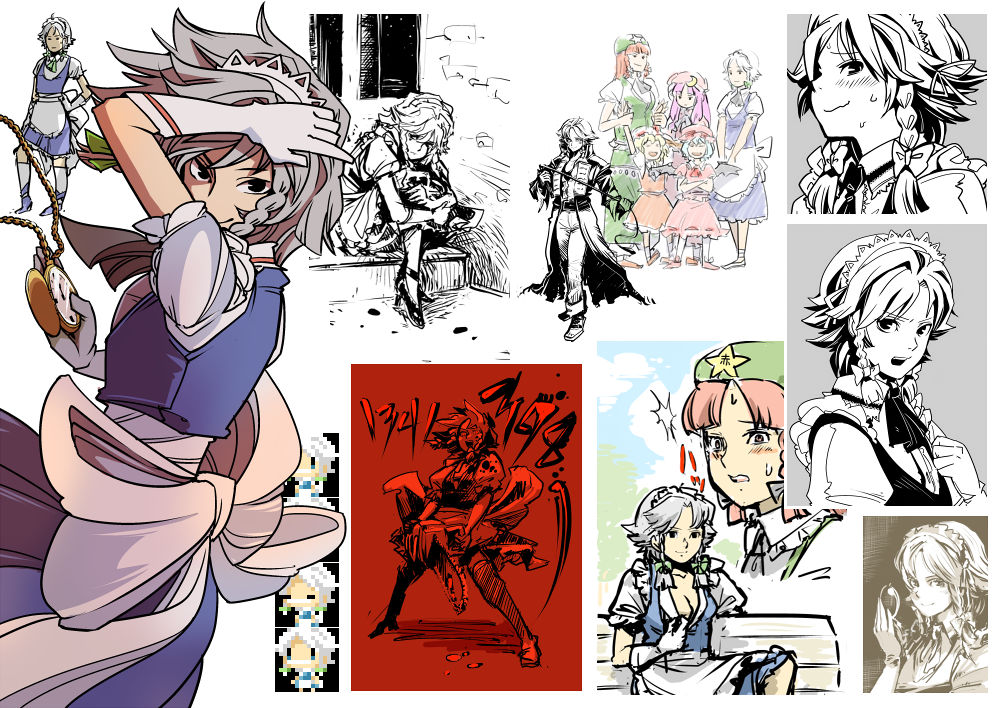5girls bad_id bad_pixiv_id braid castlevania_(series) castlevania:_symphony_of_the_night chainsaw cosplay female_focus flandre_scarlet gloves hong_meiling hounori izayoi_sakuya maid maid_headdress multiple_girls parody patchouli_knowledge pixel_art remilia_scarlet richter_belmont richter_belmont_(cosplay) style_parody embodiment_of_scarlet_devil touhou twin_braids whip yaranaika