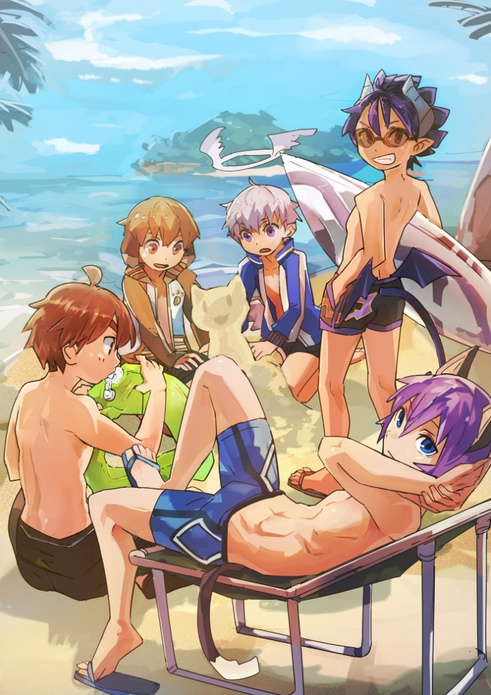 5boys ahoge angel angel_wings animal_ears beach blue_eyes blue_footwear blue_hair blue_male_swimwear blue_one-piece_swimsuit blue_swim_trunks blush brown_eyes brown_hair cat_boy cat_ears cat_tail day demon_boy demon_tail demon_wings dog_boy dog_ears fang flip-flops forked_eyebrows from_side full_body geetgeet grin hair_between_eyes halo holding holding_surfboard horns innertube ledo_vassar looking_at_viewer looking_to_the_side low_wings luke_venus lying male_focus male_swimwear mini_wings multiple_boys on_back one-piece_swimsuit open_mouth palm_tree pointy_ears pop-up_story purple_eyes purple_hair sand sandals selim_spark silver_hair smile sunglasses surfboard swim_ring swim_trunks swimsuit tail tree wings yuuri_lessen ziz_glover