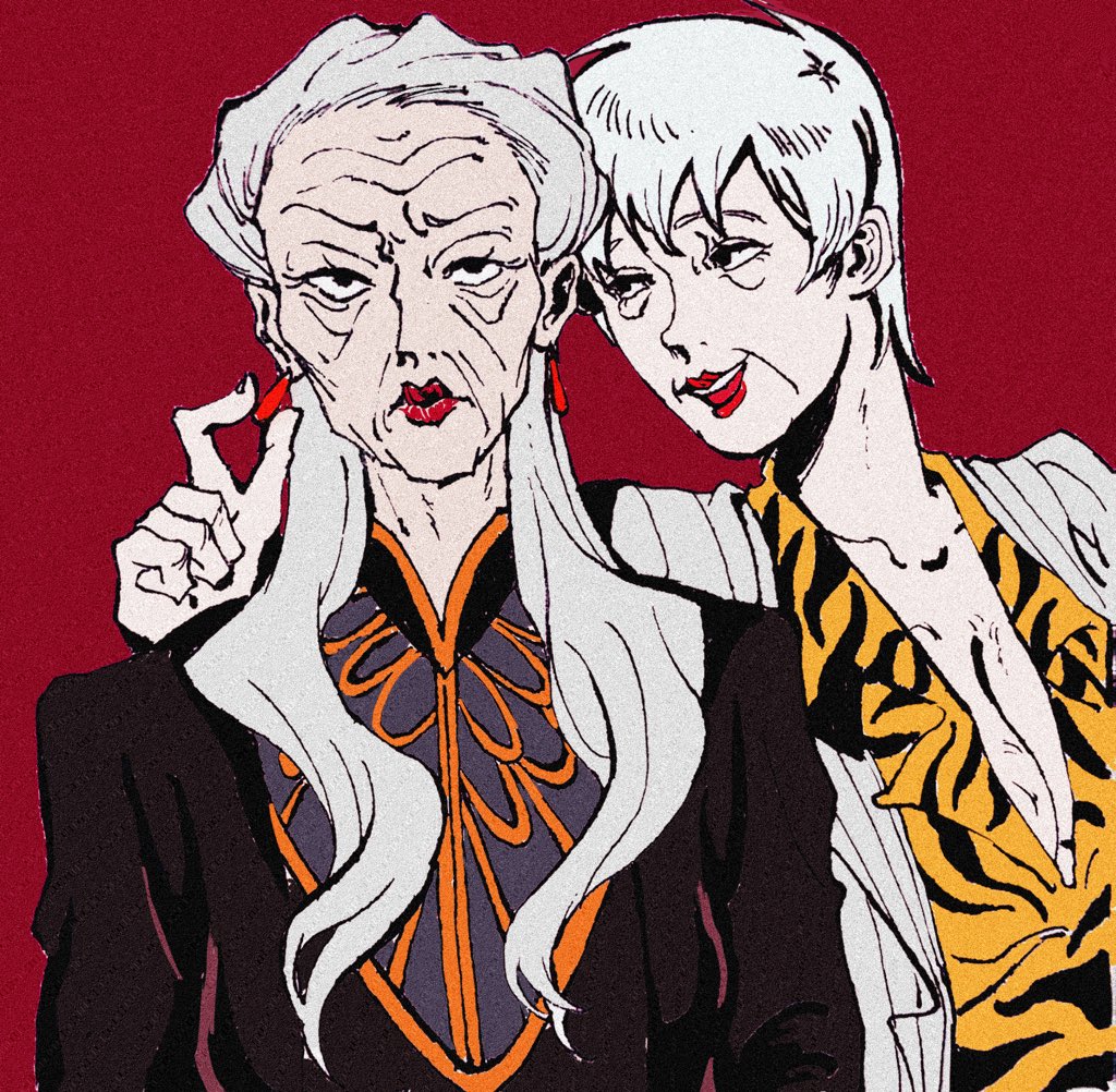 2girls akagi:_yami_ni_oritatta_tensai akagi_shigeru animal_print black_eyes black_jacket blazer breasts chinese_commentary cleavage commentary_request expressionless fukumoto_mahjong genderswap genderswap_(mtf) grey_hair grey_jacket jacket lipstick long_hair looking_at_another looking_at_viewer makeup mandarin_collar multiple_girls nanji_yuan_zhumin old old_woman red_background short_hair simple_background smile striped_clothes striped_jacket ten_(manga) tiger_print upper_body vertical-striped_clothes vertical-striped_jacket washizu_iwao wrinkled_skin