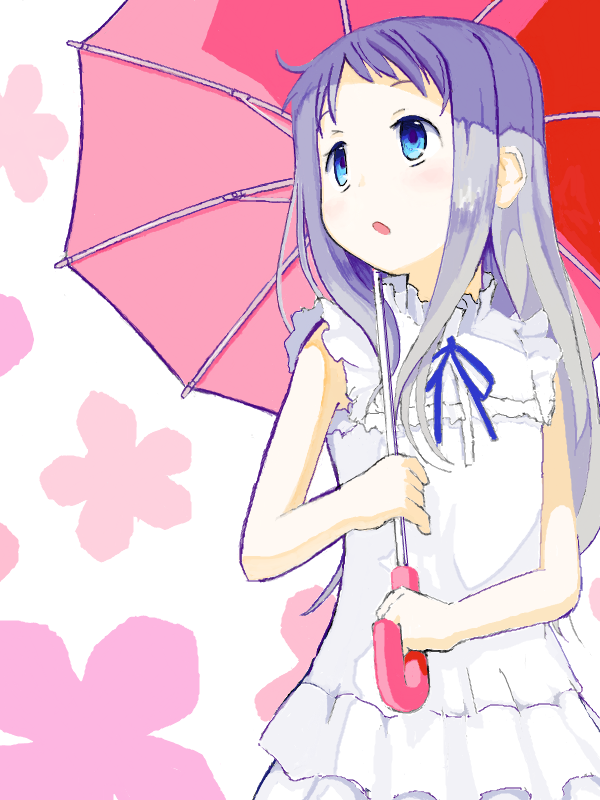 1girl :o ano_hi_mita_hana_no_namae_wo_bokutachi_wa_mada_shiranai. bad_drawr_id bad_id bare_arms blue_eyes blue_ribbon blush collared_dress dress floral_background frilled_dress frills grey_hair hand_up high_collar holding holding_umbrella honma_meiko jaggy_lines long_hair looking_afar microdrive neck_ribbon oekaki parted_lips pink_umbrella ribbon shade short_bangs sleeveless sleeveless_dress solo sundress tareme umbrella upper_body white_background white_dress