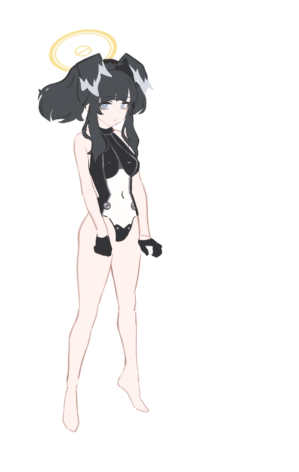 1girl alternate_costume animal_ears barefoot black_hair blue_archive breasts concept_art dog_ears full_body gloves halo hibiki_(blue_archive) leotard mimitoke simple_background small_breasts solo standing tail white_background