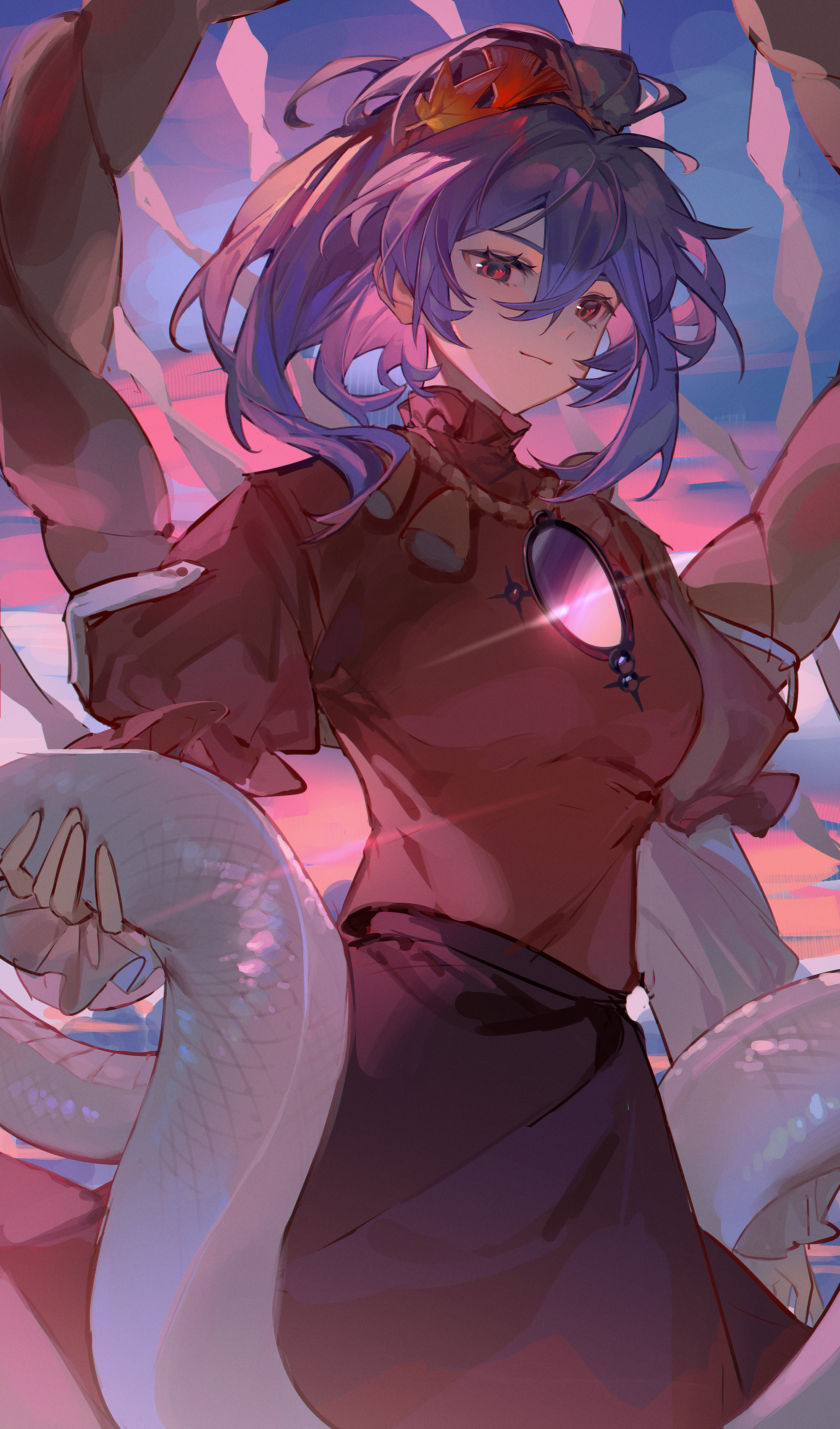 1girl absurdres black_skirt cowboy_shot ender_xiaohai highres medium_hair purple_hair red_eyes red_shirt shirt skirt solo touhou yasaka_kanako