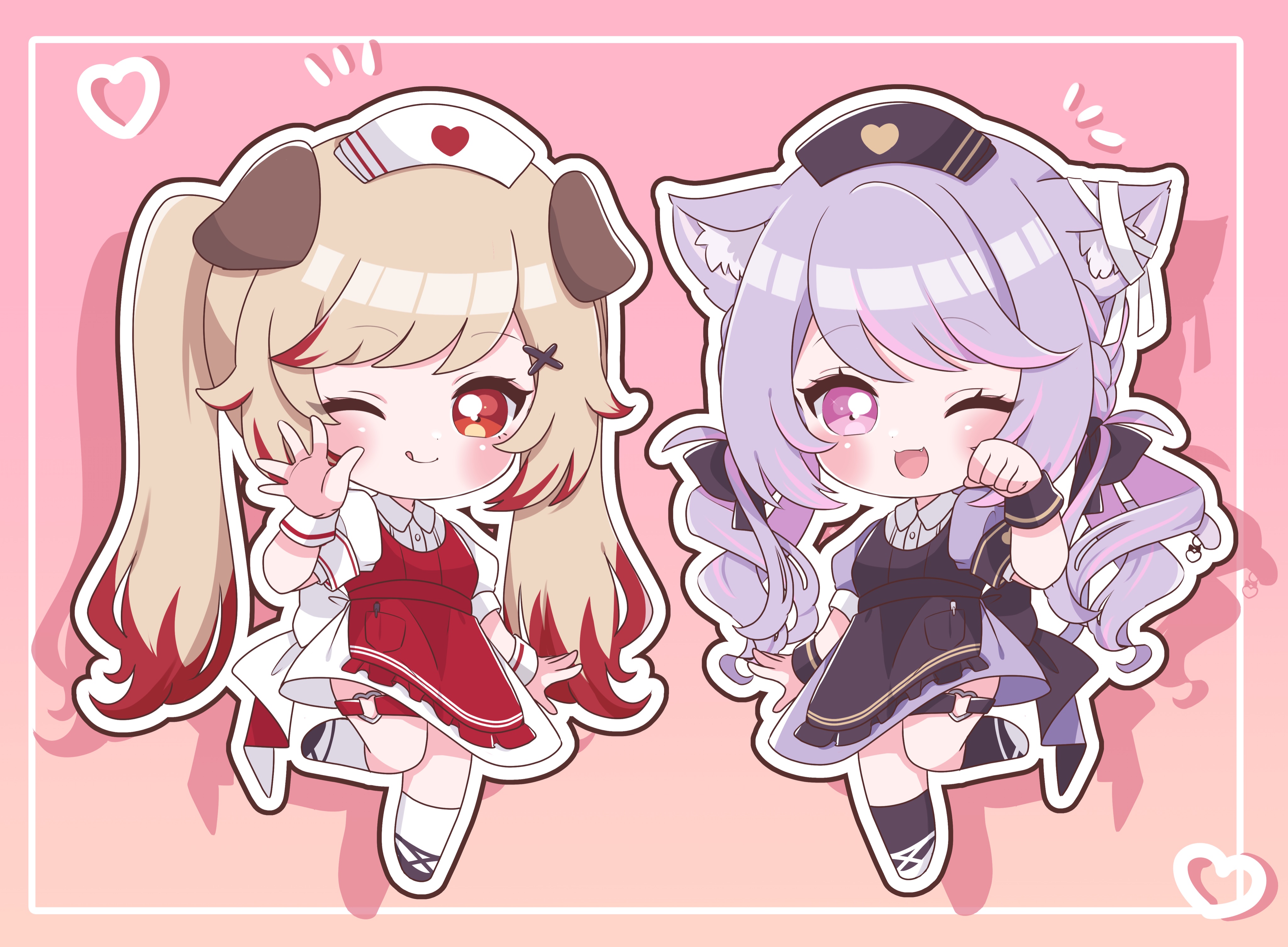 2girls :3 absurdres alternate_costume animal_ears apron black_apron black_footwear black_headwear black_socks blonde_hair blush bow cat_ears cat_girl commentary_request dog_ears dog_girl dress ear_ribbon full_body hat heart heart_o-ring heart_print highres ina_uruu kino_haruc long_hair looking_at_viewer low_twintails multicolored_hair multiple_girls nanashi_inc. nurse_cap o-ring o-ring_thigh_strap one_eye_closed open_mouth outline paw_pose pink_background pink_hair pocket purple_dress purple_hair red_apron red_eyes red_hair seshima_rui shirt shoes smile socks thigh_strap twintails two-tone_hair virtual_youtuber white_dress white_footwear white_headwear white_outline white_shirt white_socks wristband