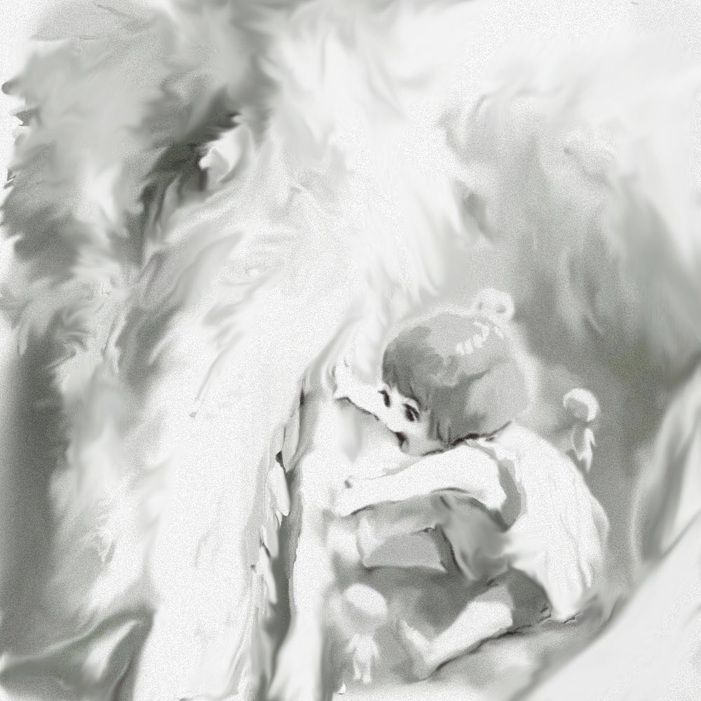1girl :d aged_down bare_arms child full_body greyscale kodama monochrome mononoke_hime moro_no_ichizoku open_mouth san_(mononoke_hime) short_hair smile tombiiwa wolf