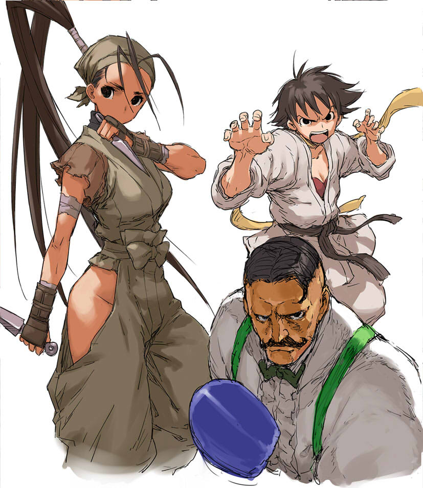 &gt;:o 2girls antenna_hair baggy_pants bandana belt black_belt black_hair bow bowtie boxing boxing_gloves bra choker closed_mouth collared_shirt covered_mouth dark-skinned_female dark_skin dougi dual_wielding dudley facial_hair fighting_stance hair_pulled_back hands_up hip_vent holding holding_weapon ibuki_(street_fighter) kunai long_hair looking_at_viewer makoto_(street_fighter) martial_arts_belt morisawa_haruyuki multiple_girls muscular mustache ninja open_mouth pants red_bra red_sports_bra ribbon_choker serious shirt short_hair simple_background sports_bra standing street_fighter street_fighter_iii_(series) suspenders tomboy underwear v-shaped_eyebrows very_long_hair weapon white_background white_shirt