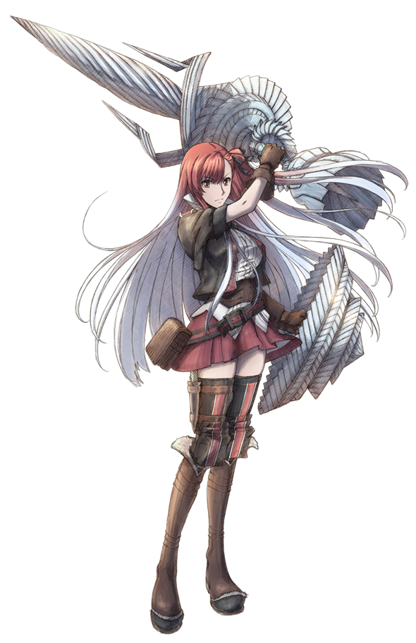 00s 10s 1girl black_gloves brown_eyes brown_hair female_focus full_body gloves holding holding_weapon lance long_hair matching_hair/eyes military military_uniform multicolored_hair official_art polearm red_skirt riela_marcellis senjou_no_valkyria senjou_no_valkyria_(series) senjou_no_valkyria_3 shield silver_hair skirt solo thighhighs transparent_background two-tone_hair weapon