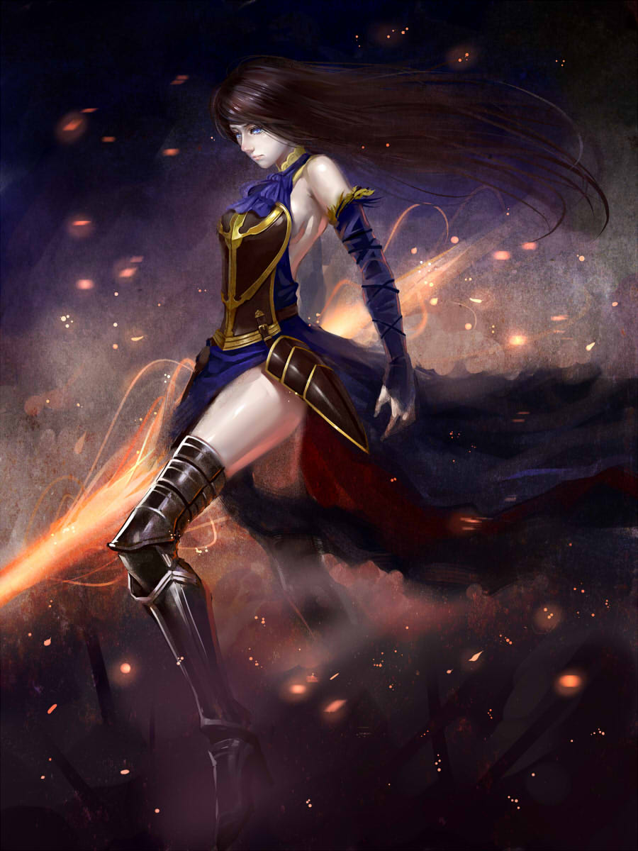 1girl armor backless_outfit bare_shoulders black_hair blue_eyes boots breastplate bridal_gauntlets castlevania:_order_of_ecclesia castlevania_(series) dress embers female_focus greaves high_heels highres long_hair shanoa_(castlevania) shoes solo tattoo thigh_boots thighhighs very_long_hair weapon windtalker