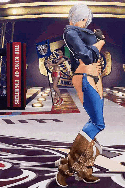 1girl 3d angel_(kof) animated animated_gif black_gloves black_jacket black_panties blue_eyes boots bouncing_breasts breasts chaps cleavage collarbone cowboy_boots cropped_jacket female_focus fingerless_gloves full_body game_screenshot gloves hair_over_one_eye jacket large_breasts leather leather_jacket looking_at_viewer midriff navel panties revealing_clothes short_hair sidelocks snk sped_up the_king_of_fighters the_king_of_fighters_xv underwear video_game_screencap white_hair