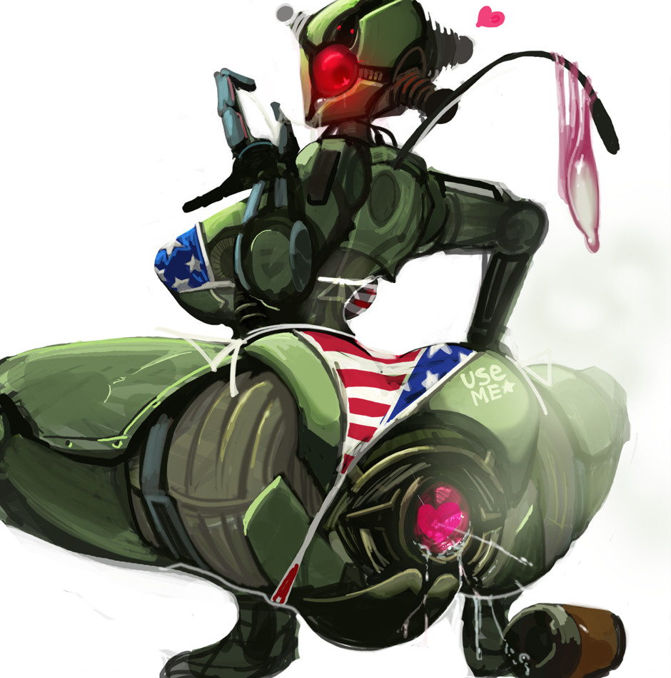 1girl american_flag american_flag_bikini american_flag_print android assaultron bikini body_writing condom cum dripping fallout fallout_4 flag_print flag_print_bikini heart looking_at_viewer looking_back print_bikini robot squatting swimsuit used_condom white_background xelvy
