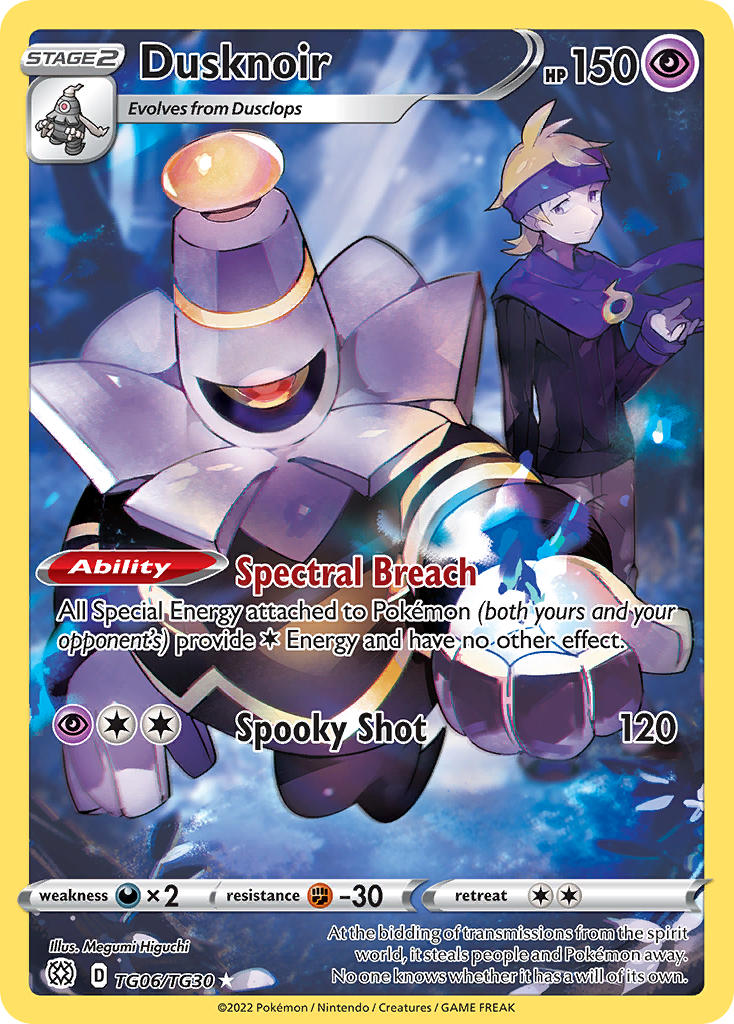 1boy artist_name black_sclera black_sweater blonde_hair brown_pants card_(medium) character_name closed_mouth colored_sclera company_name copyright_name copyright_notice dusclops dusknoir english_text gen_3_pokemon gen_4_pokemon ghost_tail headband higuchi_megumi long_sleeves morty_(pokemon) nintendo official_art one-eyed pants pokemon pokemon_(creature) pokemon_card pokemon_hgss pokemon_tcg purple_eyes purple_headband purple_scarf red_pupils scarf short_hair standing sweater third-party_source trading_card yellow_eyes