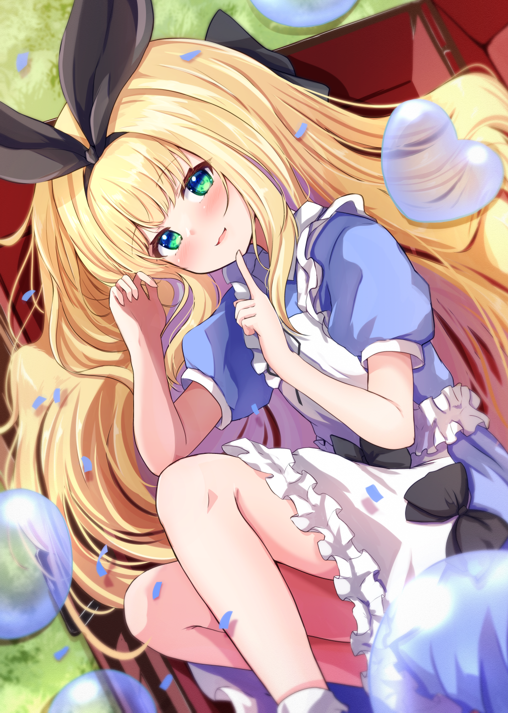 1girl apron baram black_bow black_hairband black_ribbon blonde_hair blue_dress bow closed_mouth commentary_request day dress feet_out_of_frame frilled_apron frills grass green_eyes hair_ribbon hairband hands_up highres in_container long_hair lying mononobe_alice nijisanji on_side outdoors puffy_short_sleeves puffy_sleeves ribbon short_sleeves smile socks solo very_long_hair virtual_youtuber white_apron white_socks