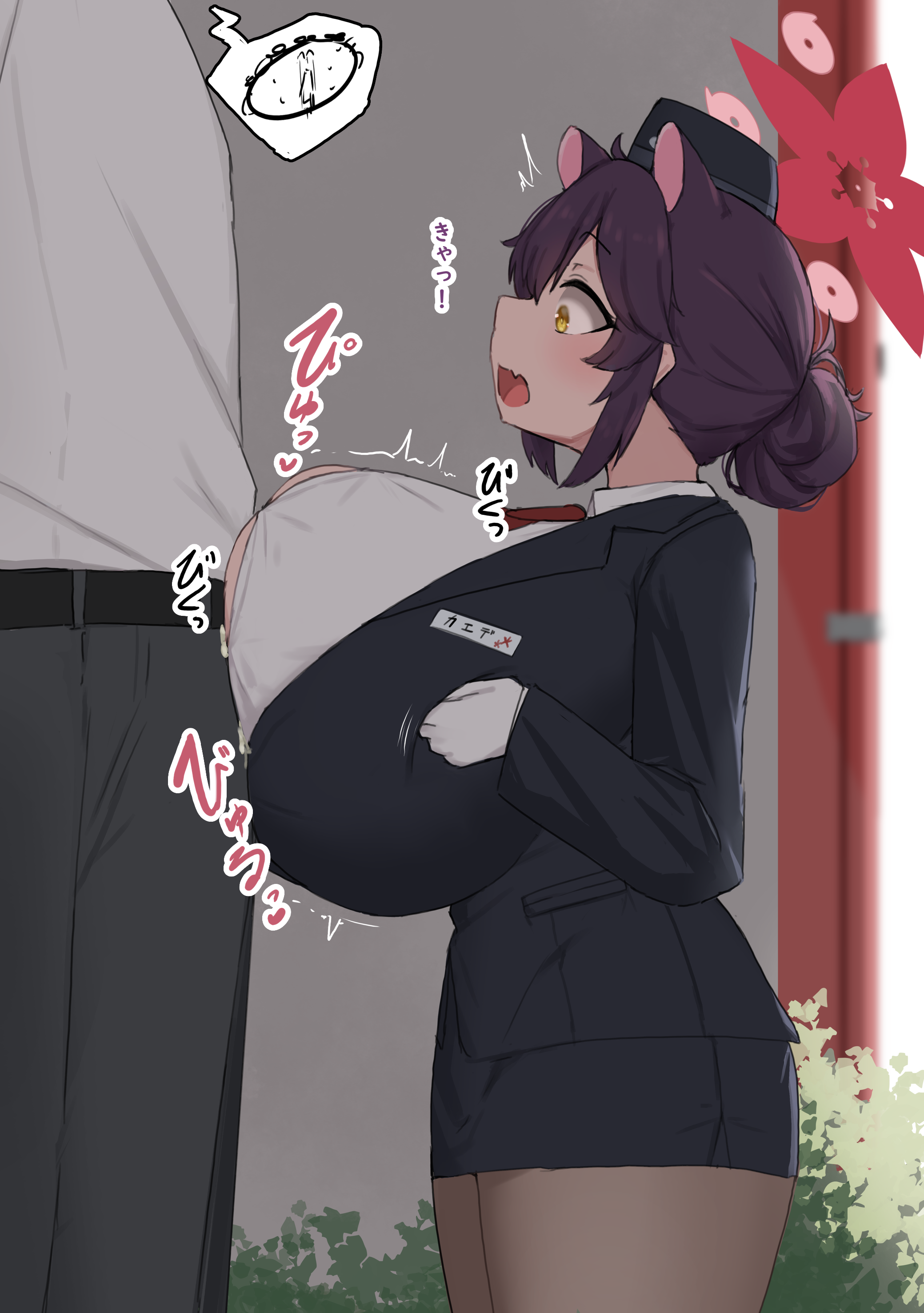 1boy 1girl absurdres animal_ears black_hair blue_archive blush breasts clothed_sex clothes cum cum_on_body cum_on_breasts cum_on_upper_body doodle_sensei_(blue_archive) ejaculation_between_breasts head_out_of_frame height_difference hetero highres huge_breasts japanese_text kaede_(blue_archive) kaede_(guide)_(blue_archive) long_hair looking_at_viewer noe_(ppppriver) open_mouth paizuri paizuri_under_clothes penis perpendicular_paizuri sensei_(blue_archive) sex shortstack standing_paizuri yellow_eyes