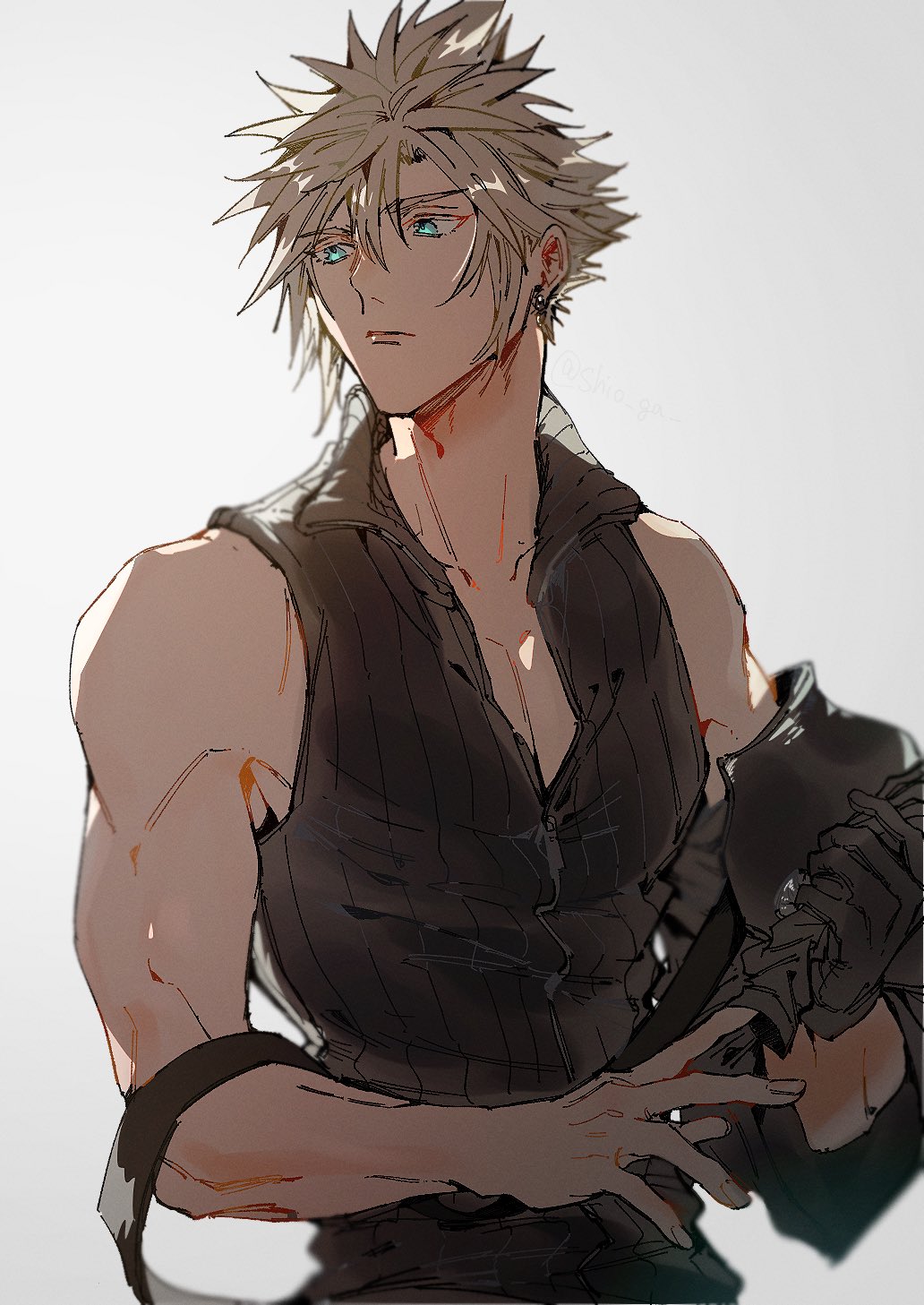 1boy bare_arms bare_shoulders blonde_hair blue_eyes closed_mouth cloud_strife commentary earrings final_fantasy final_fantasy_vii final_fantasy_vii_advent_children hair_between_eyes highres jewelry looking_to_the_side male_focus shio_ga shirt short_hair sleeveless sleeveless_shirt solo spiked_hair stud_earrings symbol-only_commentary undressing upper_body