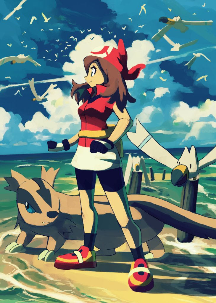 1girl bandana black_shorts black_socks brown_hair closed_mouth cloud cloudy_sky fanny_pack full_body gen_3_pokemon gloves linoone may_(pokemon) nintendo outdoors pokemon pokemon_(creature) pokemon_rse red_bandana red_footwear red_shirt rowdon shirt shoes short_sleeves shorts sky smile socks wingull