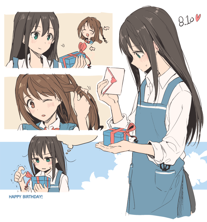2girls :d akni apron arrow_(symbol) blue_apron blue_sweater_vest blush box brown_eyes brown_hair closed_eyes collared_shirt commentary cowboy_shot dated dress_shirt envelope gift green_eyes hand_in_another&#039;s_hair hand_up happy_birthday heart holding holding_box holding_envelope holding_gift idolmaster idolmaster_cinderella_girls imagining jitome long_hair multiple_girls one_eye_closed one_side_up open_mouth portrait scissors shibuya_rin shimamura_uzuki shirt small_sweatdrop smile speech_bubble sweater_vest thought_bubble trembling untying_hair v-shaped_eyebrows white_background white_shirt yuri