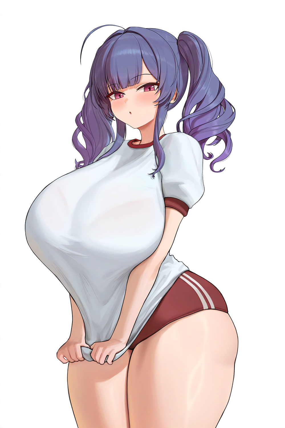 1girl ahoge azur_lane blunt_bangs bralines breasts buruma commentary_request drill_hair erufura gym_uniform highres large_breasts looking_at_viewer pola_(azur_lane) purple_eyes purple_hair simple_background solo twin_drills white_background