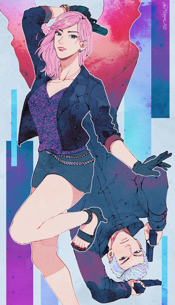 1boy 1girl blue_eyes dual_wielding gloves grey_jacket gun han_joon-gi holding holding_gun holding_weapon jacket mappo_m2 pencil_skirt purple_hair purple_shirt ryuu_ga_gotoku_(series) ryuu_ga_gotoku_7 seong-hui shirt skirt untucked_shirt weapon