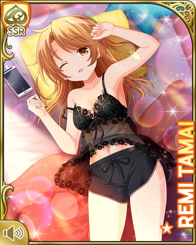 1girl ;o bare_legs bare_shoulders barefoot bedroom black_shirt black_shorts breasts brown_eyes brown_hair card_(medium) cleavage day girlfriend_(kari) indoors looking_at_viewer low_twintails lying official_art on_back on_bed one_eye_closed open_mouth qp:flapper shirt shorts sleepwear solo tagme tamai_remi twintails