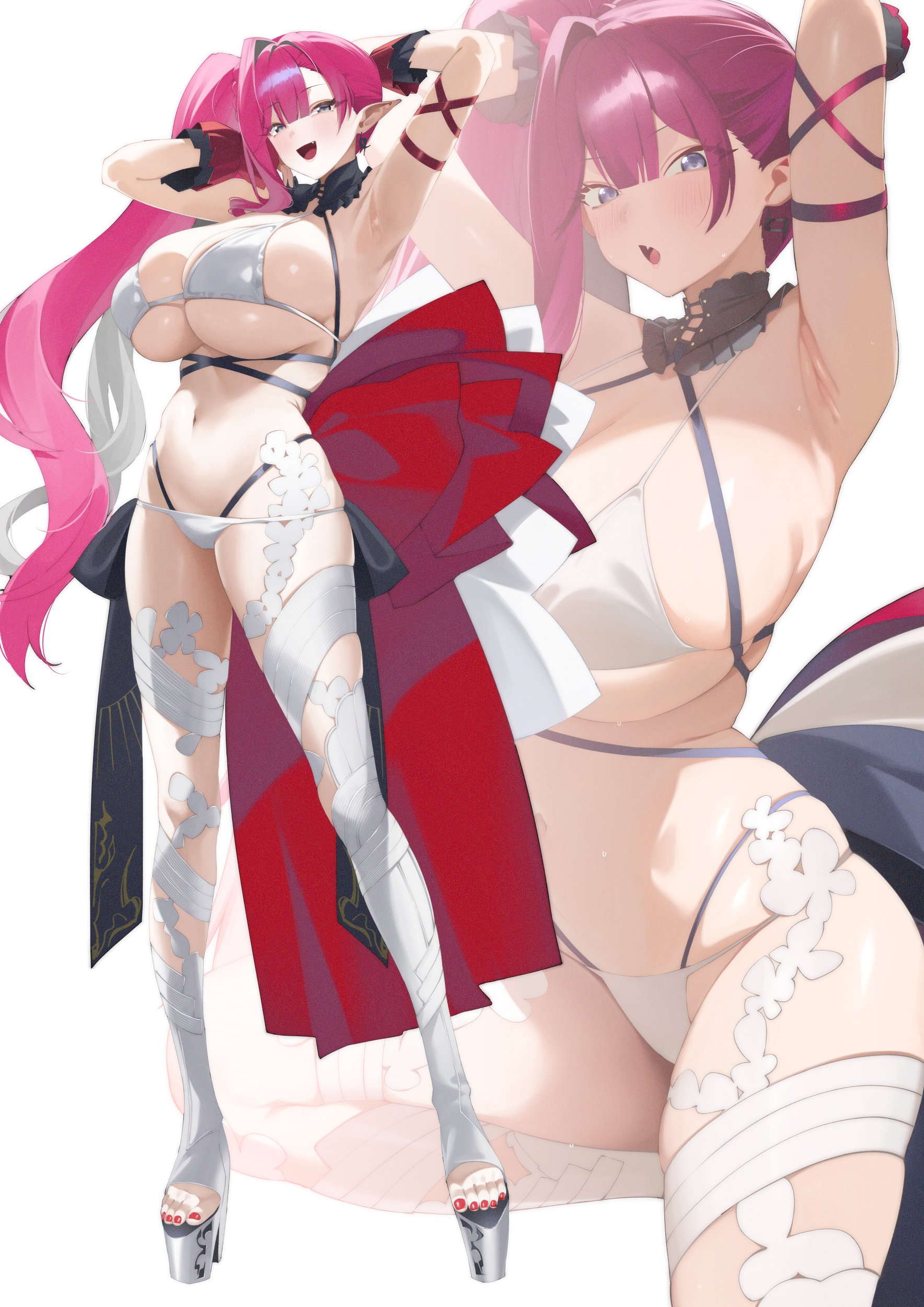 1girl :d :o absurdres armpits arms_up baobhan_sith_(fate) baobhan_sith_(swimsuit_pretender)_(fate) baobhan_sith_(swimsuit_pretender)_(third_ascension)_(fate) bikini blunt_bangs blush breasts fate/grand_order fate_(series) full_body grey_eyes highres kurozawa_yui large_breasts multiple_views nail_polish navel open_mouth pink_hair pointy_ears presenting_armpit red_nails side_ponytail sideboob simple_background smile standing stomach swimsuit thighs toenail_polish toenails underboob white_background white_bikini
