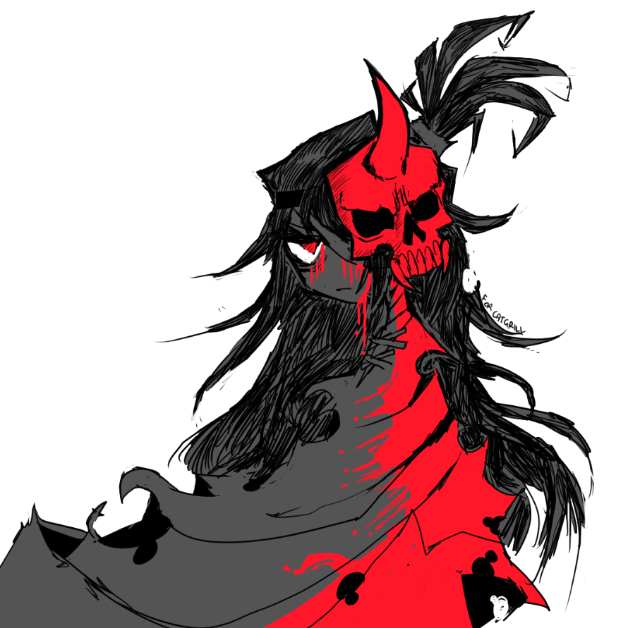 1girl angry bags_under_eyes bandage_on_face bandage_over_one_eye bandages blood blood_on_clothes blood_on_face blood_splatter buddy_(lisa) fake_horns genc horned_headwear horns lisa_(series) lisa_the_joyful lisa_the_painful long_hair looking_at_viewer loose_hair_strand mask messy_hair one-eyed parted_hair poncho red_eyes scar simple_background single_horn skull_mask solo torn_clothes