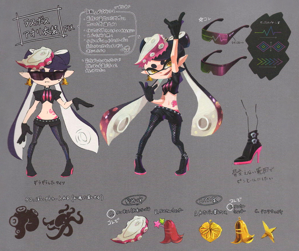 ankle_boots ankle_buckle arm_at_side arm_up belt black_footwear black_gloves black_hair black_shirt black_shorts boots bow bow-shaped_hair breasts callie_(octo_idol_outfit)_(splatoon) callie_(splatoon) collar colored_skin concept_art cowlick crop_top cropped earrings expressionless eye_mask eyelashes fangs fish_(food) food gloves gold_earrings gradient_hair grey_background hat high_heels hypnoshades_(splatoon) jewelry leather leather_gloves long_hair long_pointy_ears midriff mole mole_under_eye multicolored_hair navel nintendo notes octopus_hair_ornament octopus_sashimi octopus_sausage_earrings octopus_tattoo official_alternate_costume official_art open_mouth padded_shoulders panties panty_straps pantyhose pigeon-toed pink_hat pink_leaf pink_panties pink_shiso_leaf pink_tattoo pointy_ears polka_dot polka_dot_hair puffy_short_sleeves puffy_sleeves sashimi scan shirt shoes short_eyebrows short_shorts short_sleeves shorts smile spiked_collar spiked_waistband spikes splatoon_(series) splatoon_2 spotted_hair standing star-shaped_pupils star_(symbol) stiletto_heels stomach_tattoo studded_belt studded_collar suction_cups sunglasses swept_bangs symbol-shaped_pupils tattoo tentacle_hair thick_eyebrows translation_request twintails underwear very_long_hair white_skin yellow_eyes yellow_pupils