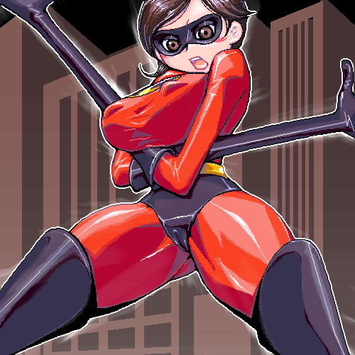 1girl blush bodysuit boots breast_hold breasts brown_hair cameltoe costume covered_erect_nipples crossed_arms domino_mask elastigirl female_focus flexible gloves helen_parr large_breasts latex latex_gloves lowres mask matagitii mature_female oekaki short_hair solo superhero_costume the_incredibles thick_thighs thigh_boots thighhighs thighs