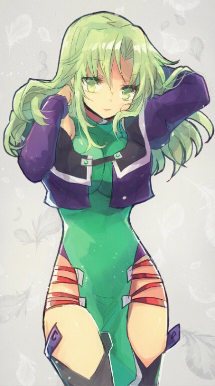 1girl arms_up boots breasts dress female_focus green_eyes green_hair impossible_clothes impossible_dress jacket lamia_loveless large_breasts long_hair looking_at_viewer nunuko_(mu661129) solo super_robot_wars super_robot_wars_advance super_robot_wars_advance_portable super_robot_wars_original_generation thigh_boots thighhighs