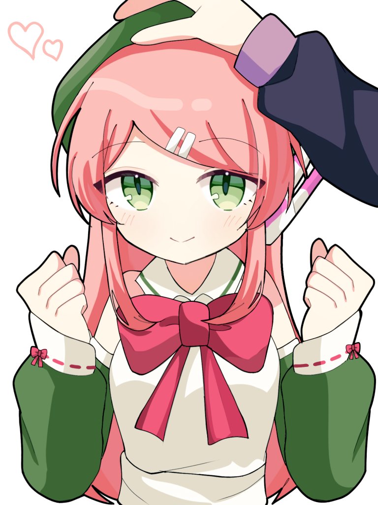 2girls apron bare_shoulders beret blush bow clenched_hands closed_mouth detached_sleeves dress green_eyes green_hat green_sleeves hair_ornament hairclip hat headpat heart long_hair looking_at_viewer momone_momo multiple_girls out_of_frame pink_hair red_bow robot_ears simple_background smile solo utane_uta utau w_arms white_apron white_background youguret37