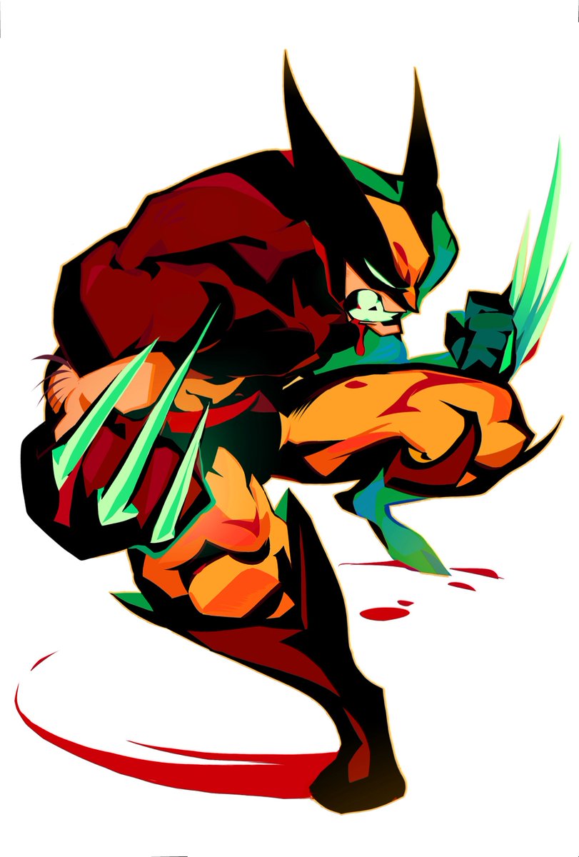 1boy blood blood_drip blood_from_mouth blood_on_ground boots brown_boots claws clenched_teeth dynamic_pose highres hunched_over male_focus marvel muscular muscular_male no_pupils non-web_source simple_background solo spiked_mask superhero_costume tangpeangche teeth thigh_boots white_background white_eyes wolverine_(x-men) x-men