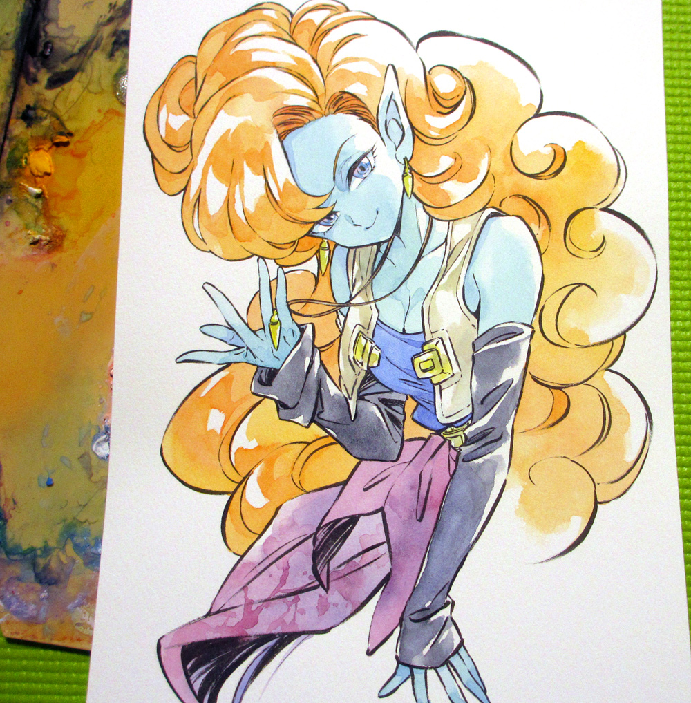 1girl agahari breasts colored_skin dragon_ball female_focus green_skin long_hair medium_breasts orange_hair pointy_ears smile solo zangya