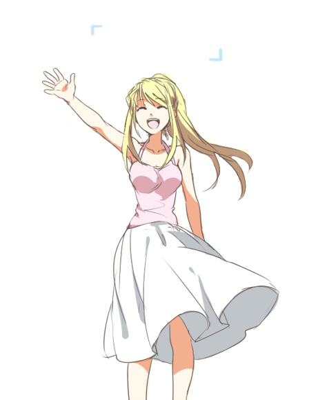 1girl ^_^ arm_at_side arm_up bare_shoulders blonde_hair breasts closed_eyes clothes_lift female_focus floating_hair fullmetal_alchemist happy long_hair long_skirt medium_breasts open_mouth pink_shirt ponytail riru shirt simple_background skirt sleeveless sleeveless_shirt smile solo standing waving white_background white_skirt wind wind_lift winry_rockbell