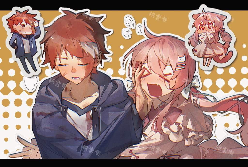 &gt;_&lt; 1girl :d blood blood_on_clothes blue_jacket blush bow breasts chibi closed_eyes colored_skin couple cross cross_print emiya_shirou emiya_shirou_(prisma_illya) fate/kaleid_liner_prisma_illya fate/stay_night fate_(series) hair_ornament halo hug hug_from_behind jacket long_hair momomiya_shizuku_(gaoyue_jixiang) multicolored_skin oc_x_canon open_clothes open_jacket open_mouth orange_hair original pastels pink_eyes pink_hair pink_halo print_ribbon raglan_sleeves red_hair ribbon simple_background skirt smile two-tone_skin watermark weibo_watermark xd