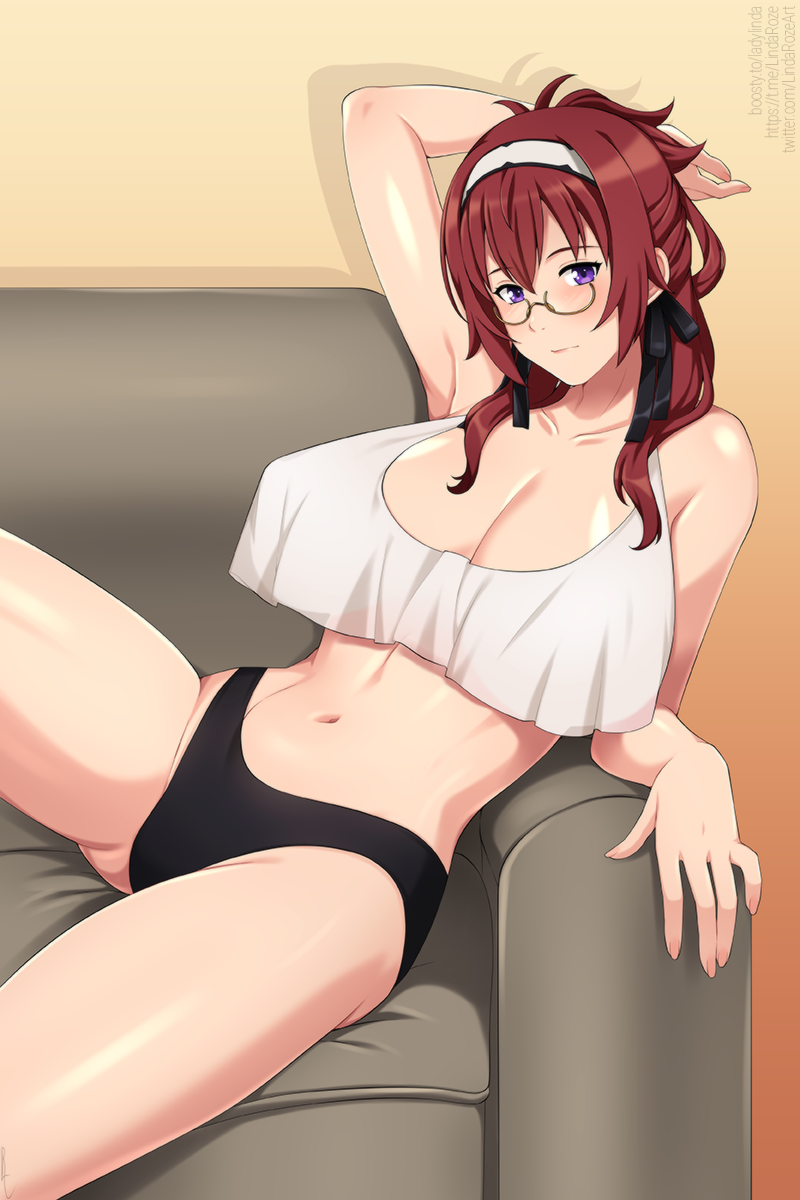 1girl arm_support arm_up black_panties black_ribbon breasts closed_mouth collarbone commentary commission english_commentary foreshortening glasses hair_ribbon highres large_breasts lillia_greyrat lindaroze long_hair looking_at_viewer mature_female mushoku_tensei navel no_pants paid_reward_available panties purple_eyes red_hair ribbon semi-rimless_eyewear tank_top thighs twitter_username underwear watermark web_address white_tank_top