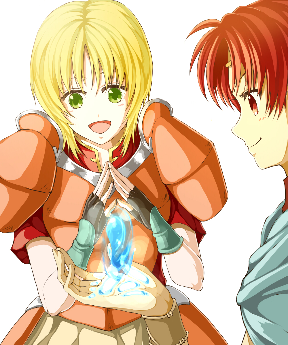 1boy 1girl amelia_(fire_emblem) armor blonde_hair delsaber ewan_(fire_emblem) fire_emblem fire_emblem:_the_sacred_stones gauntlets green_eyes highres nintendo open_mouth red_armor red_hair short_hair