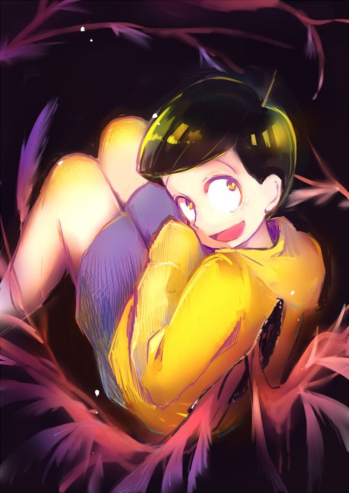 1boy ahoge ankle_socks black_background black_hair blue_shorts blunt_bangs commentary_request feet_out_of_frame from_behind hanada_hyou happy hole hole_in_back hood hood_down hoodie knees_up long_sleeves looking_at_viewer looking_back male_focus matsuno_jyushimatsu open_mouth osomatsu-san osomatsu_(series) partially_feathered_tail pink_wings short_hair shorts sleeves_past_fingers sleeves_past_wrists smile socks solo white_socks wings yellow_eyes yellow_hoodie