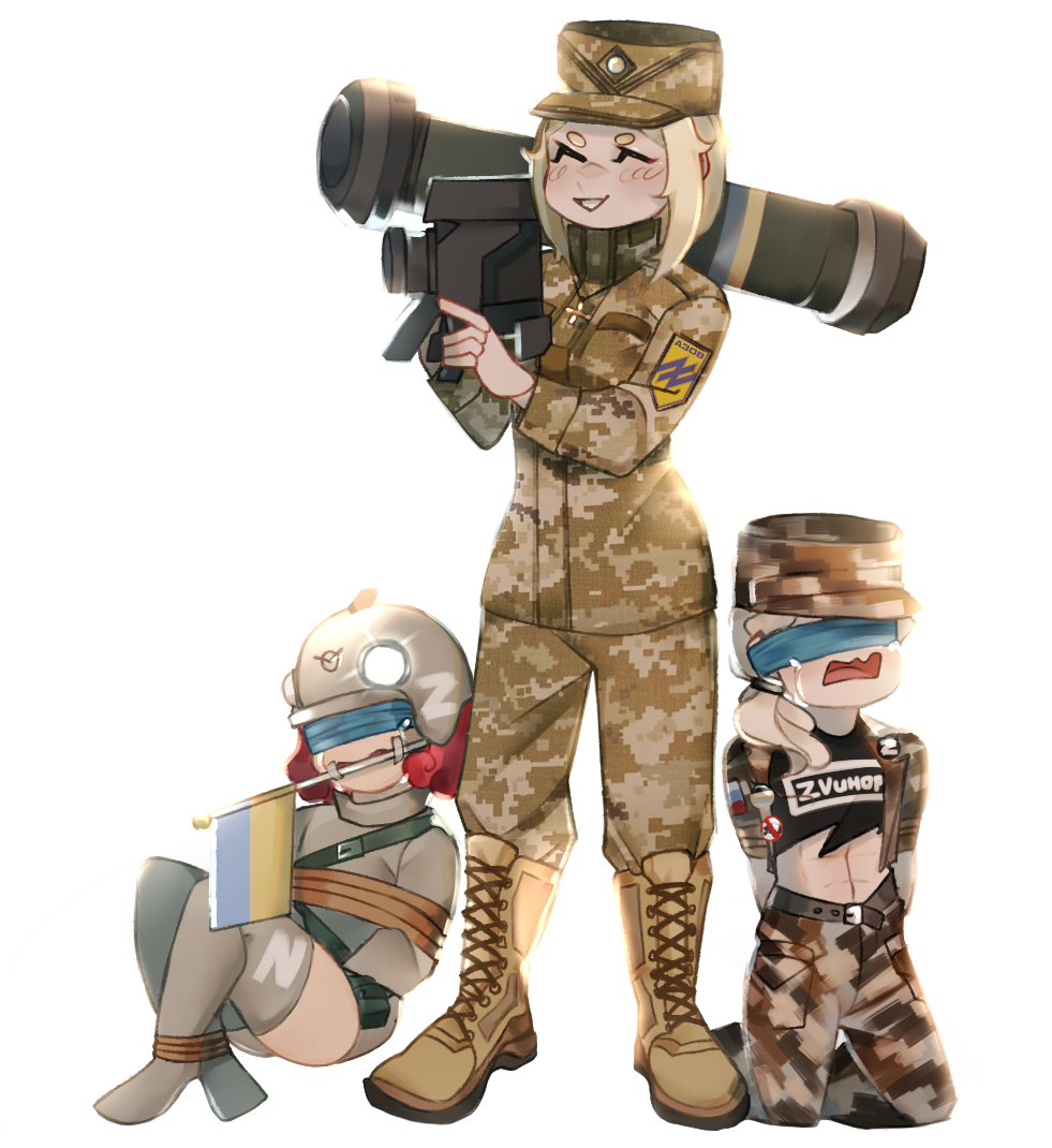 3girls abs arms_behind_back azov_battalion badge belt black_tank_top blonde_hair blush boots borrowed_character bound bound_arms bound_legs brown_footwear buhanka-chan camouflage captured cargo_pants coat_of_arms combat_helmet covered_eyes cross-laced_footwear crying digital_camouflage fgm-148_javelin hat headlamp helmet holding holding_weapon jacket kneeling linyvets_chan marichka medium_hair military military_hat military_jacket military_patch military_uniform multiple_girls nazi open_mouth original over_shoulder pants ponytail propaganda red_hair restrained rocket_launcher russo-ukrainian_war smile svinorezka tank_top thighhighs transparent transparent_background ukraine ukrainian_flag weapon weapon_over_shoulder
