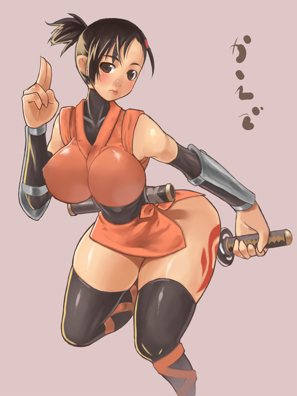 blush breasts capcom hip_focus kaede_(onimusha) large_breasts nagase_haruhito ninja no_panties onimusha sheath short_hair sword tattoo thick_thighs thighhighs thighs weapon wide_hips