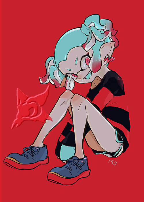 1girl black_shorts black_sweater blue_hair blue_shoes blue_sweater blue_tongue colored_tongue commentary dolphin_shorts earrings fang full_body gradient_hair imaikuy0 inkling invisible_chair jewelry long_sleeves looking_at_viewer multicolored_hair multicolored_sweater nintendo open_mouth pointy_ears red_background red_eyes red_hair red_sole-chan_(splatoon) red_sweater shoes short_hair short_twintails shorts single_off_shoulder sitting sleeves_past_wrists smile solo splatoon_(manga) splatoon_(series) striped_clothes striped_sweater sweater symbol-only_commentary tentacle_hair twintails