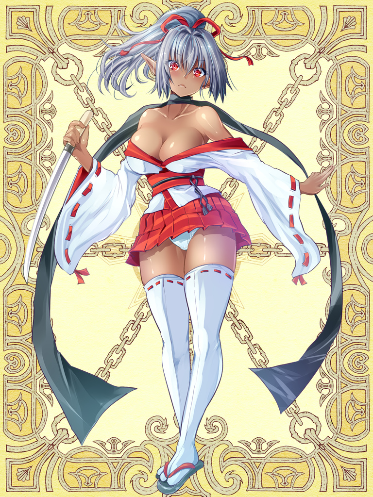 1girl bare_shoulders breasts cleavage dagger dark-skinned_female dark_skin frown full_body grey_hair hair_ribbon holding holding_dagger holding_knife holding_weapon kerberos_blade knife kurutia_dorent looking_at_viewer maki_(seventh_heaven_maxion) medium_breasts nontraditional_miko panties pointy_ears ponytail red_eyes red_ribbon red_skirt ribbon ribbon-trimmed_sleeves ribbon_trim sandals skirt solo standing thighhighs underwear weapon white_panties white_thighhighs wide_sleeves yellow_background