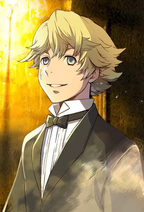 1boy blonde_hair blue_eyes bow bowtie facial_mark final_fantasy final_fantasy_crystal_chronicles final_fantasy_crystal_chronicles_the_crystal_bearers formal_clothes layle male_focus portrait solo suit teeth